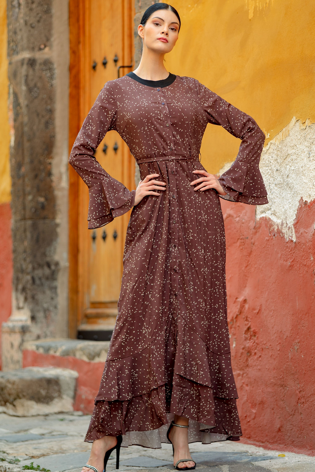 Urban Modesty - Brown Daisy Button Down Maxi Dress-CLEARANCE