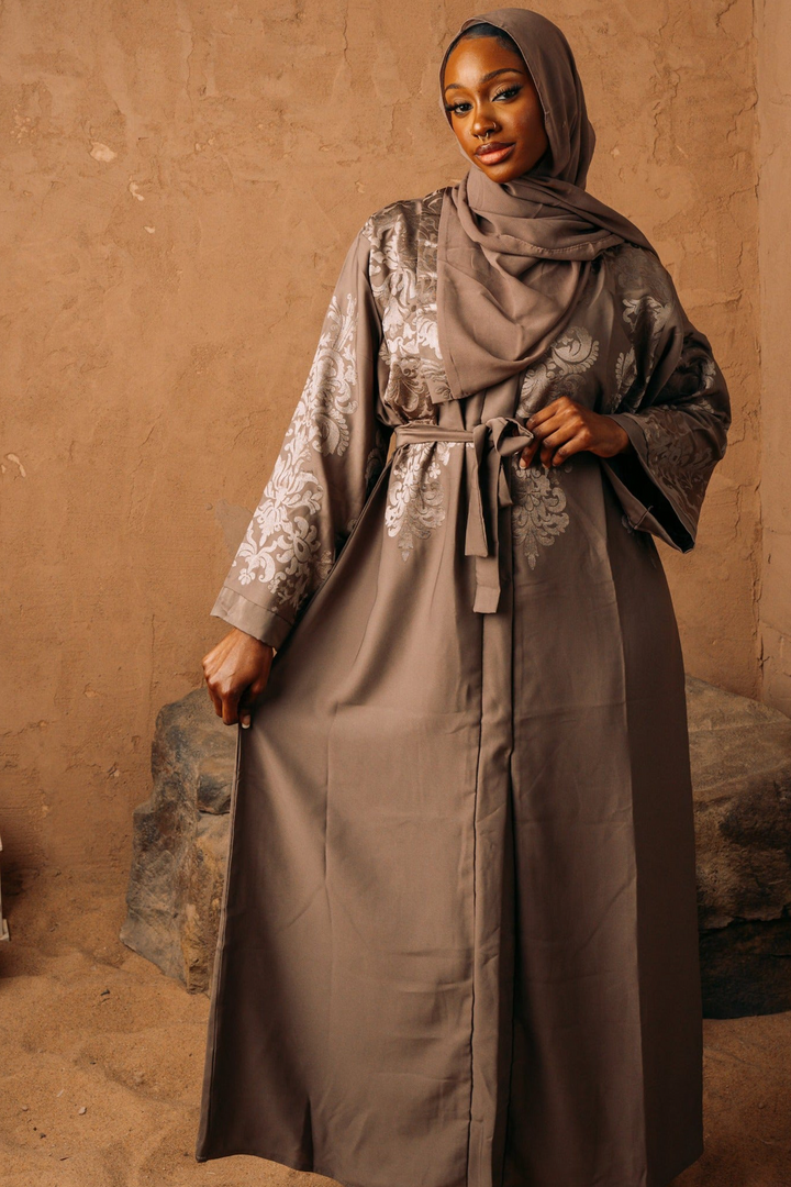 Urban Modesty - Brown Damask Embroidered Kimono Sleeve Open Abaya