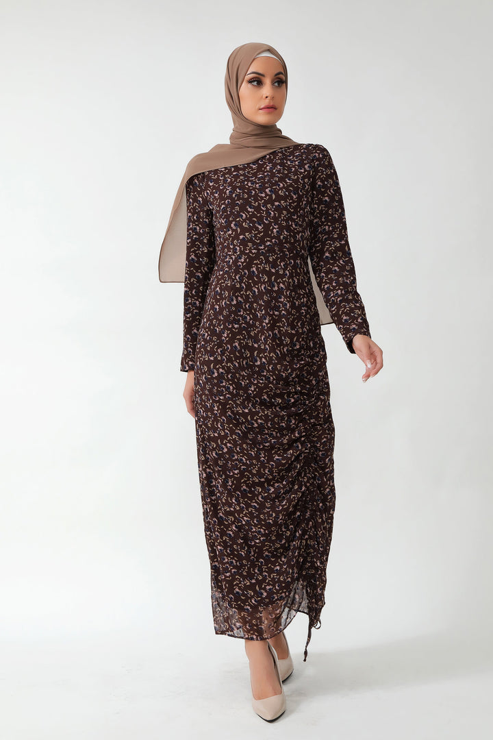 Brown Floral Ruched Maxi Dress