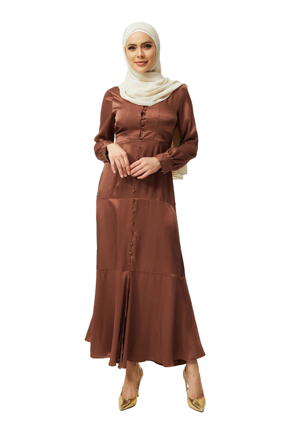 Urban Modesty - Brown Jacquard Satin Long Sleeve Maxi Dress-CLEARANCE