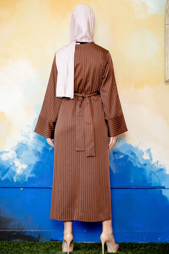 Urban Modesty - Brown Pinstripe Kimono Sleeve Abaya-CLEARANCE