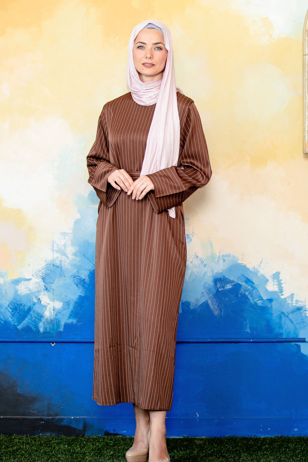Urban Modesty - Brown Pinstripe Kimono Sleeve Abaya-CLEARANCE