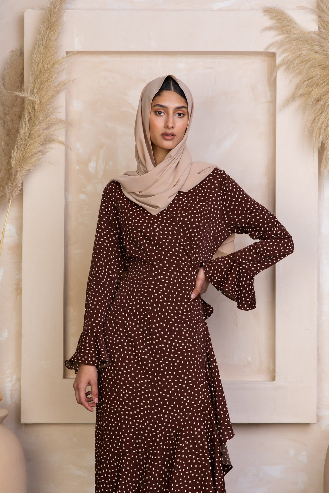 Urban Modesty - Brown Polka Dots Ruffle Wrap Maxi Dress-CLEARANCE