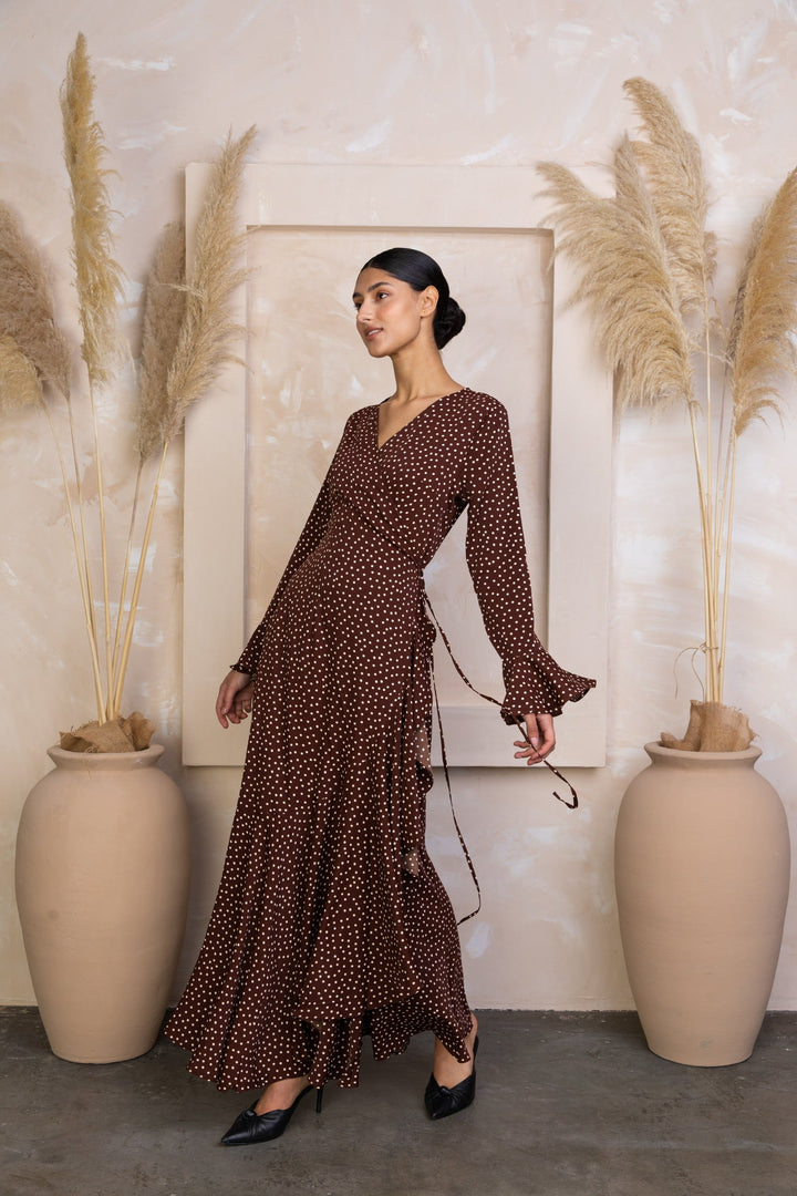 Urban Modesty - Brown Polka Dots Ruffle Wrap Maxi Dress-CLEARANCE