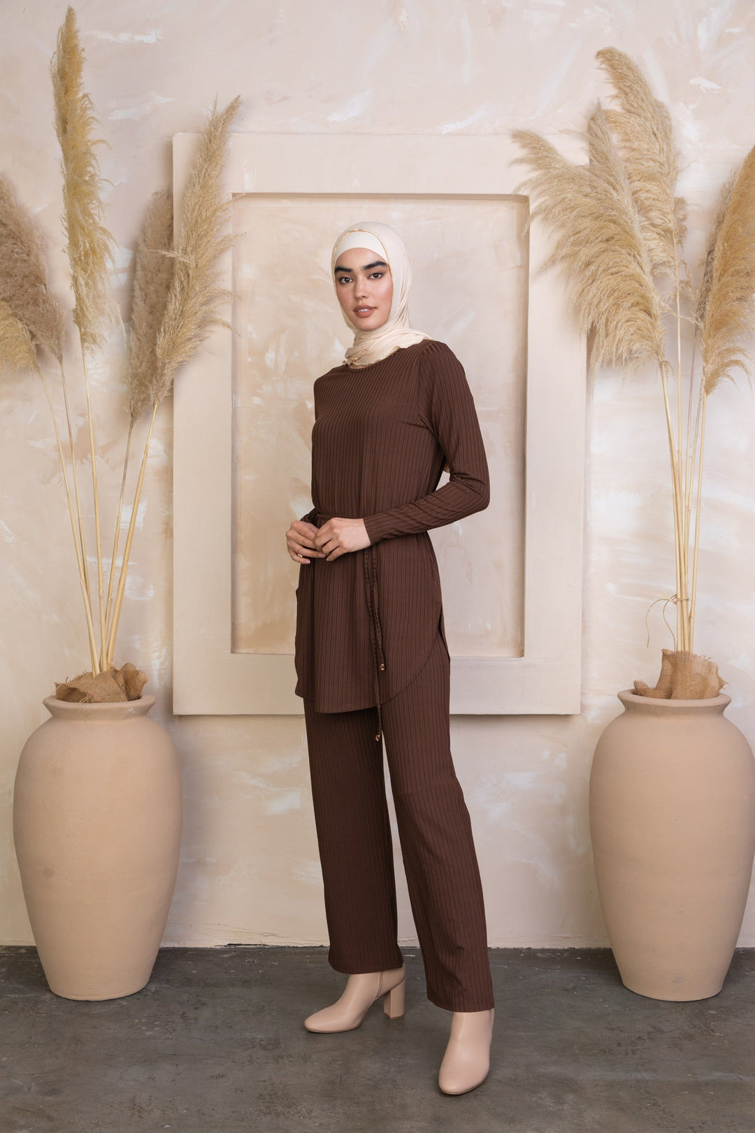 Urban Modesty - Brown Ribbed Tunic & Pants Set