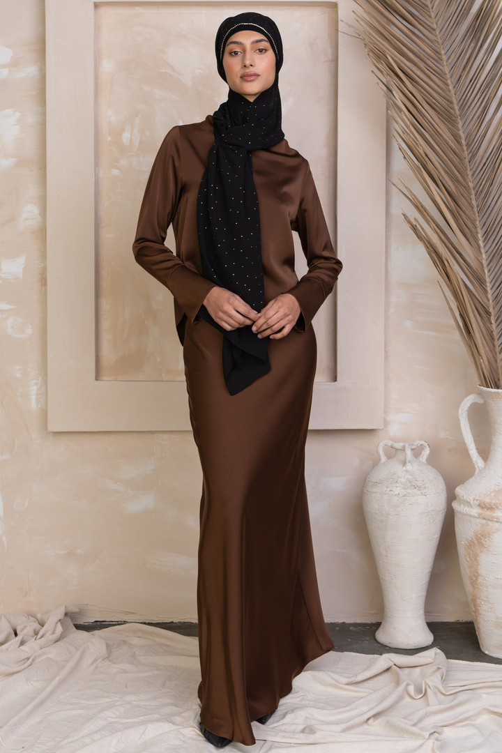 Urban Modesty - Brown Satin Long Sleeve Shirt and Skirt Set