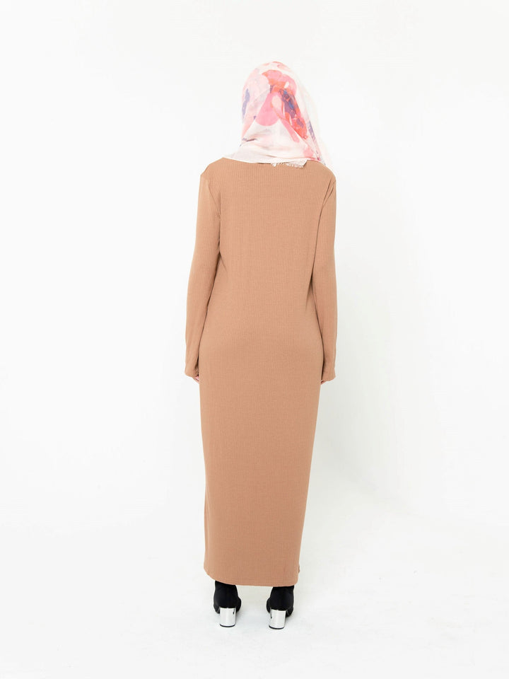 Urban Modesty - Camel Ribbed Long Sleeve Maxi Dress
