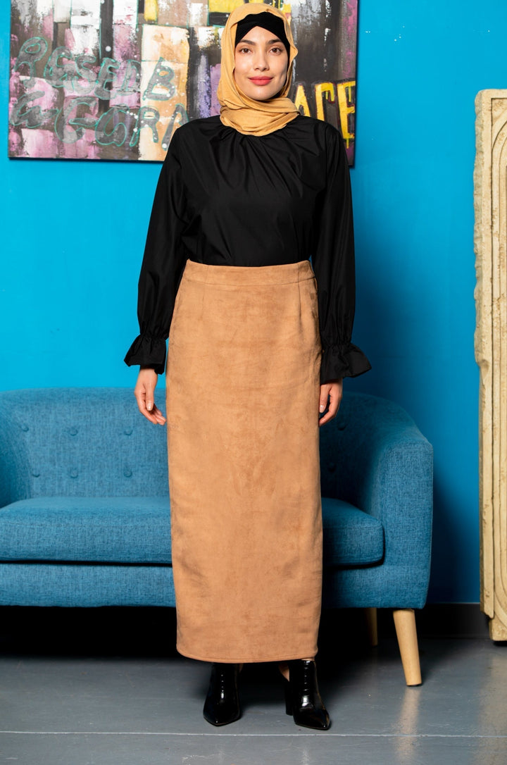 Urban Modesty - Camel Suede Pencil Maxi Skirt