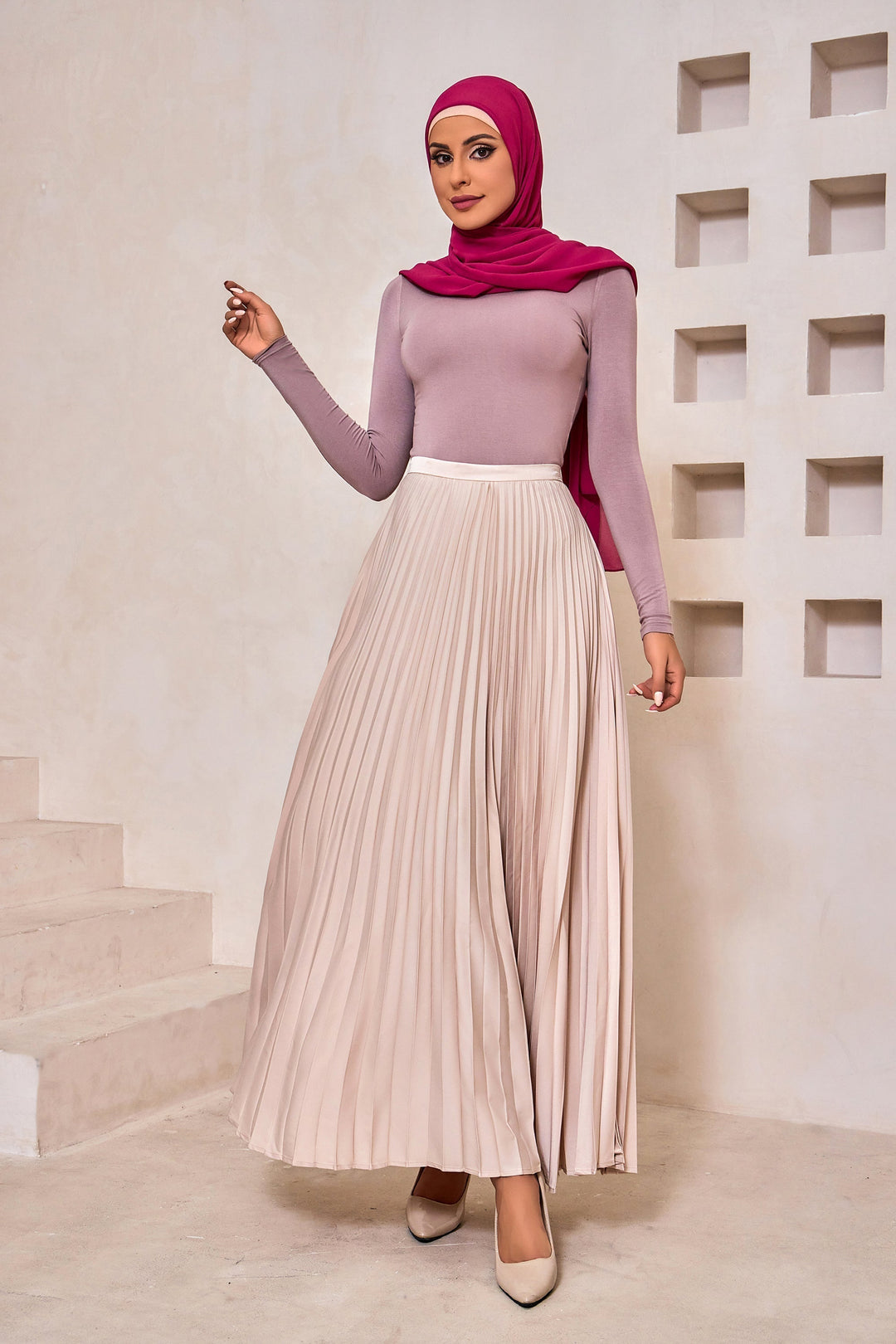 Champagne Satin Pleated Maxi Skirt-CLEARANCE