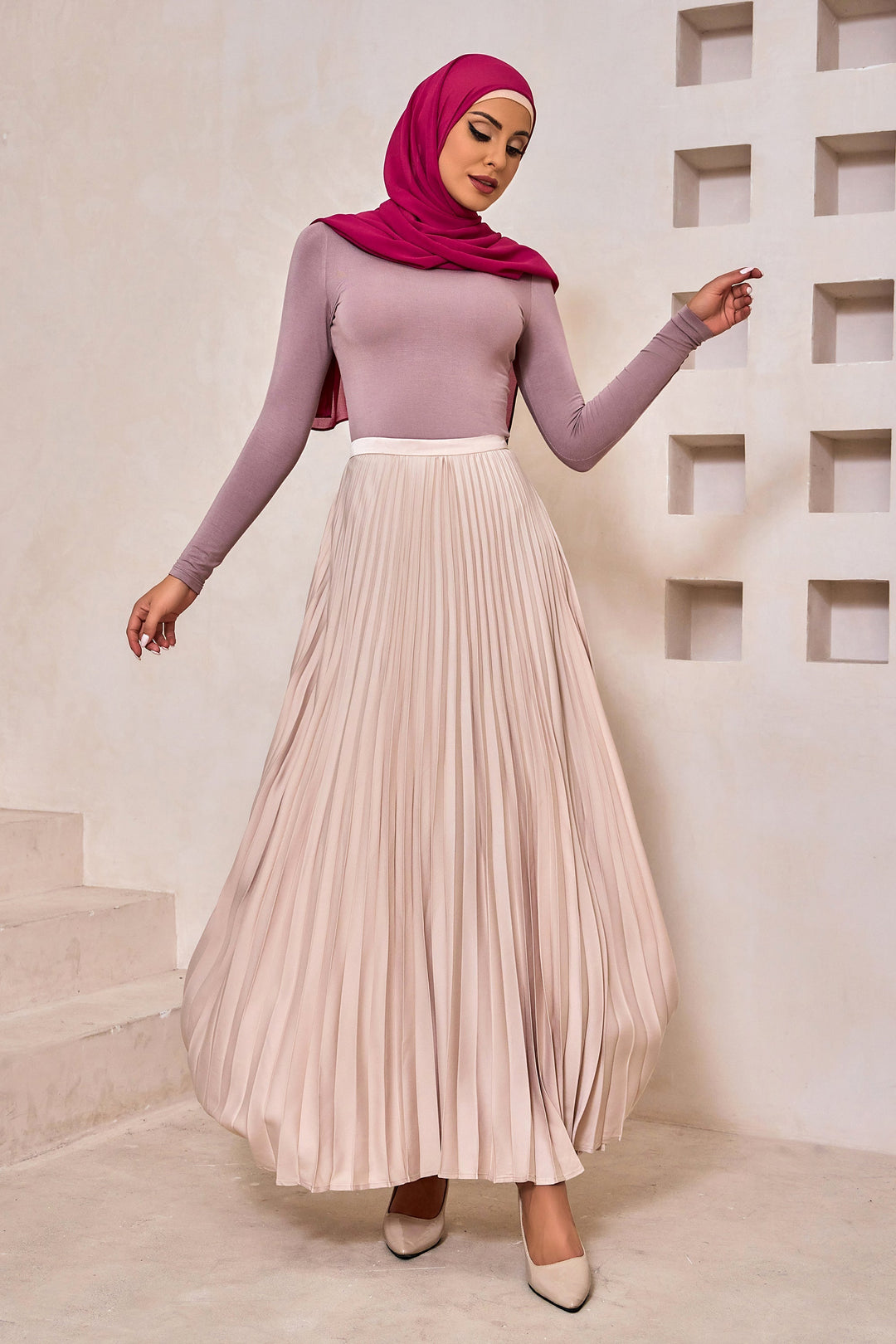 Champagne Satin Pleated Maxi Skirt-CLEARANCE