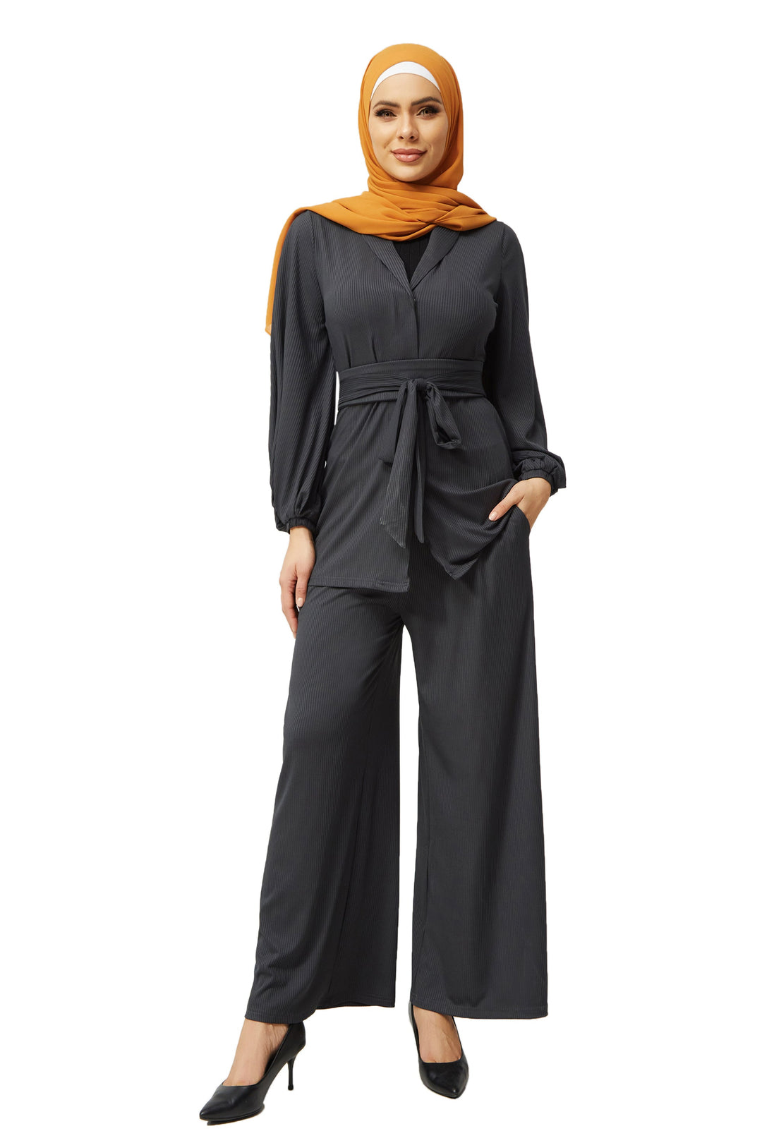 Urban Modesty - Charcoal Belted Ribbed Tunic & Pant Set