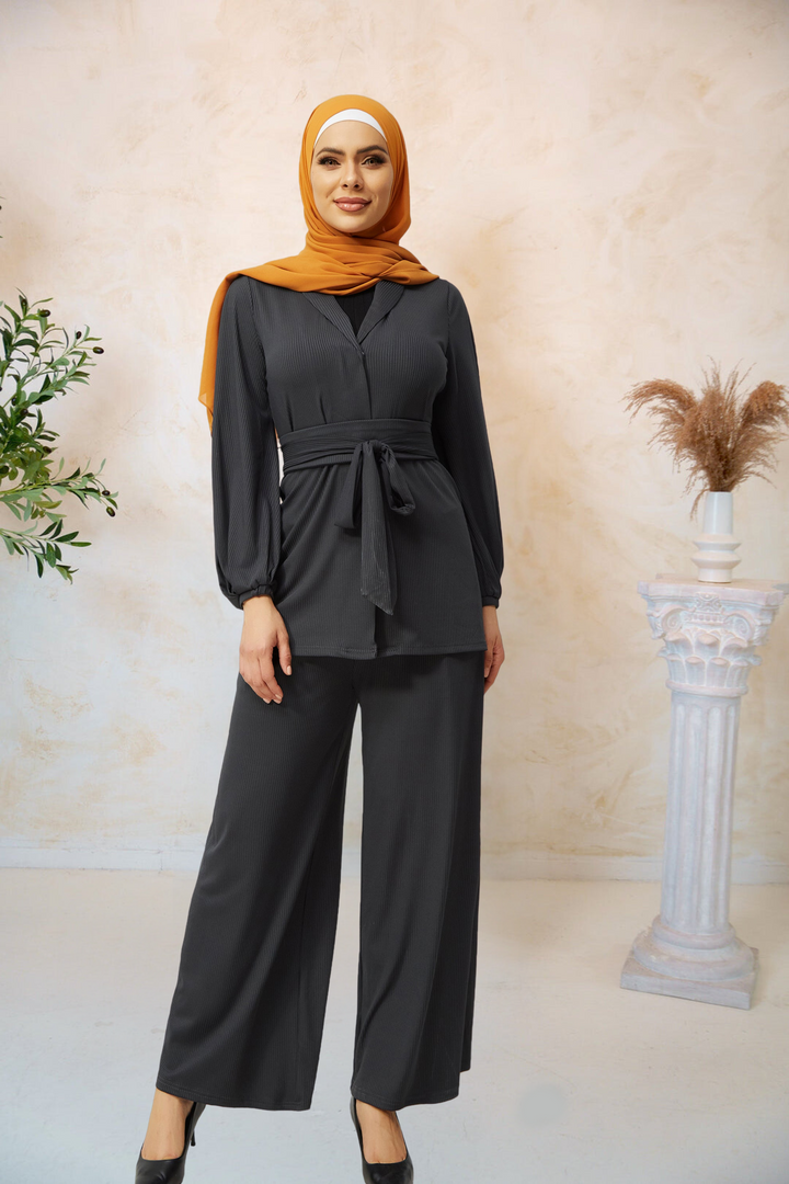 Urban Modesty - Charcoal Belted Ribbed Tunic & Pant Set