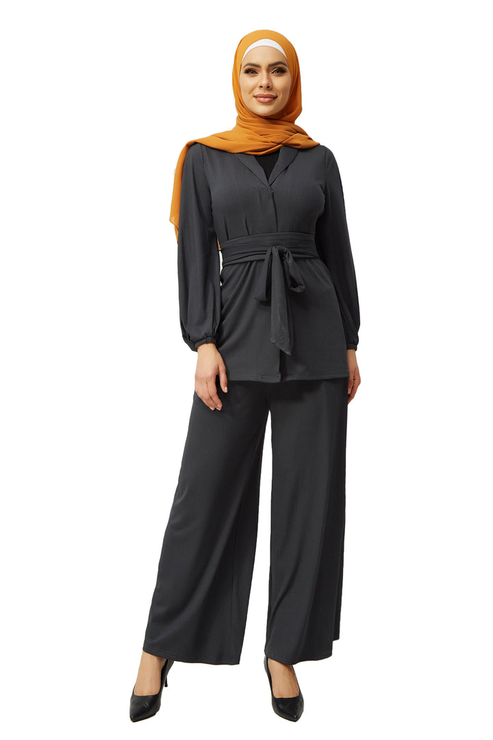 Urban Modesty - Charcoal Belted Ribbed Tunic & Pant Set
