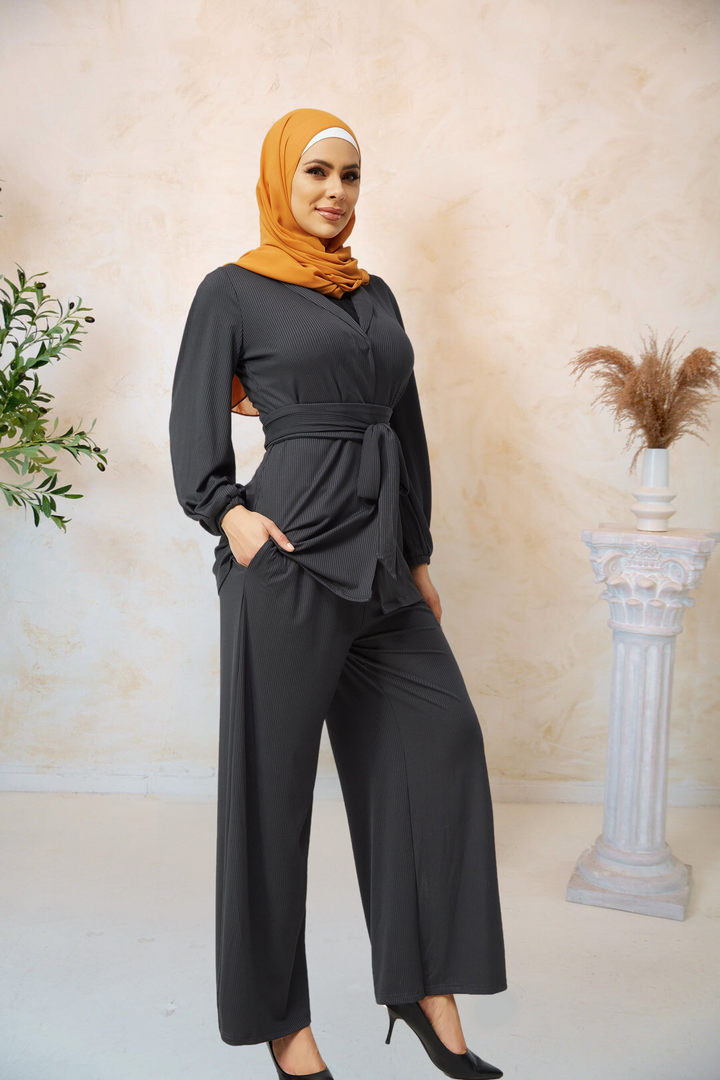 Urban Modesty - Charcoal Belted Ribbed Tunic & Pant Set