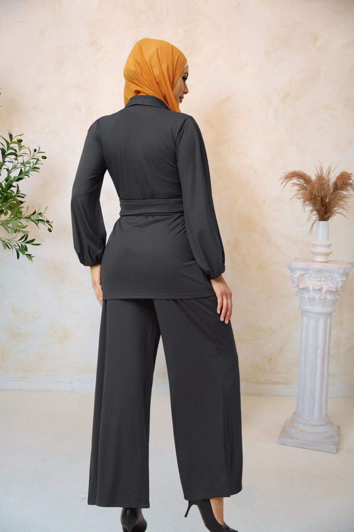 Urban Modesty - Charcoal Belted Ribbed Tunic & Pant Set