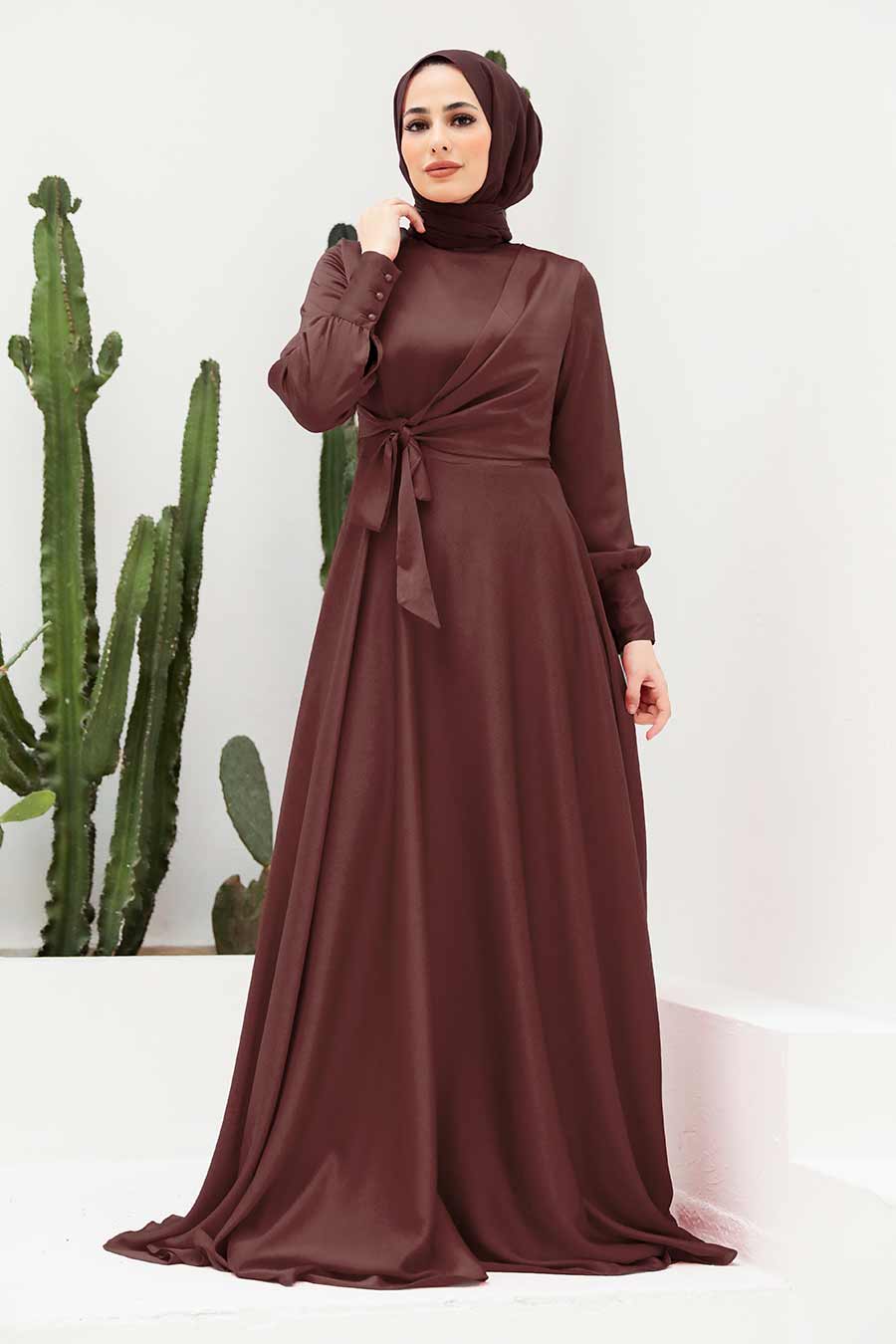 Urban Modesty - Coffee Brown Diana Side Knot Satin Gown