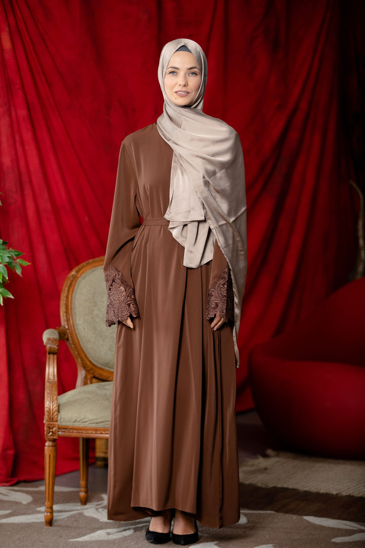 Urban Modesty - Coffee Lace Sleeve Front Zipper Abaya Dress