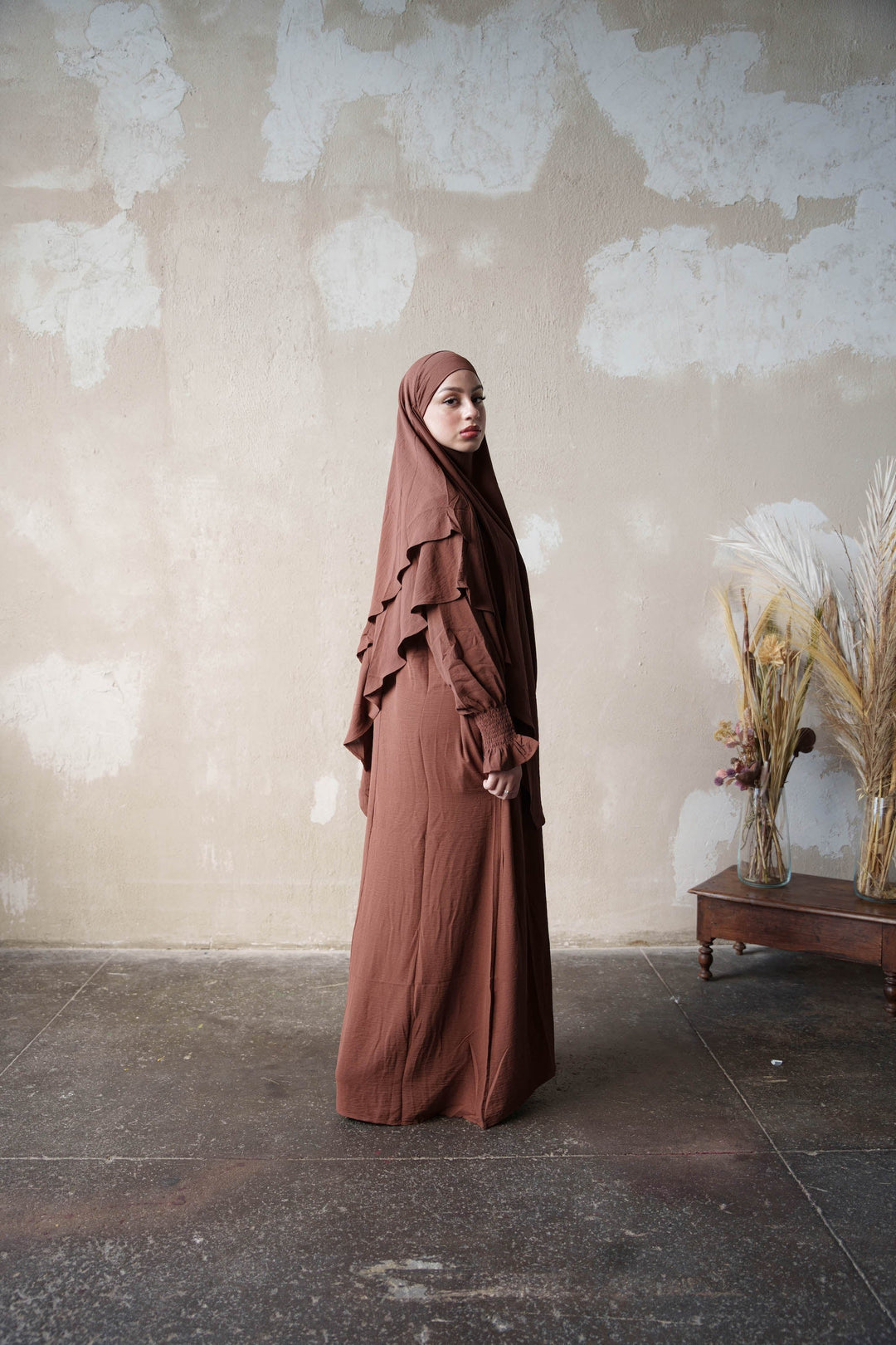 Urban Modesty - Coffee Ruched Cuff Bell Sleeves Abaya Maxi Dress
