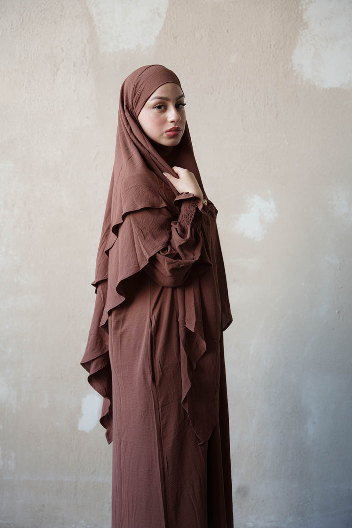 Urban Modesty - Coffee Ruched Cuff Bell Sleeves Abaya Maxi Dress