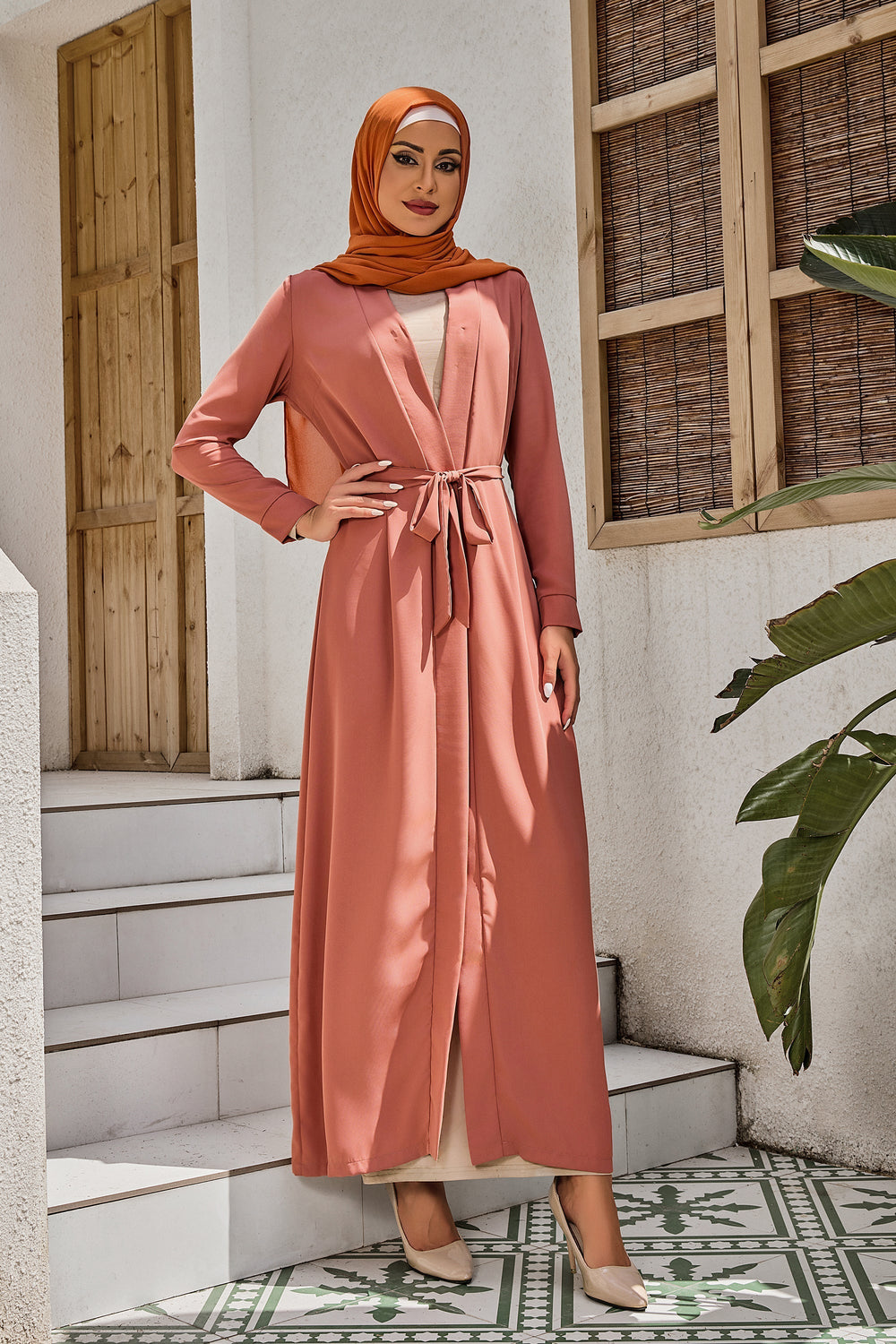 Urban Modesty - Coral Belted Open Abaya