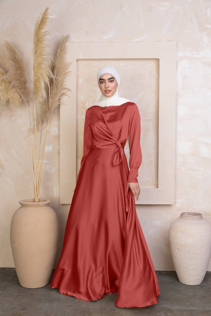 Urban Modesty - Coral Diana Side Knot Satin Gown