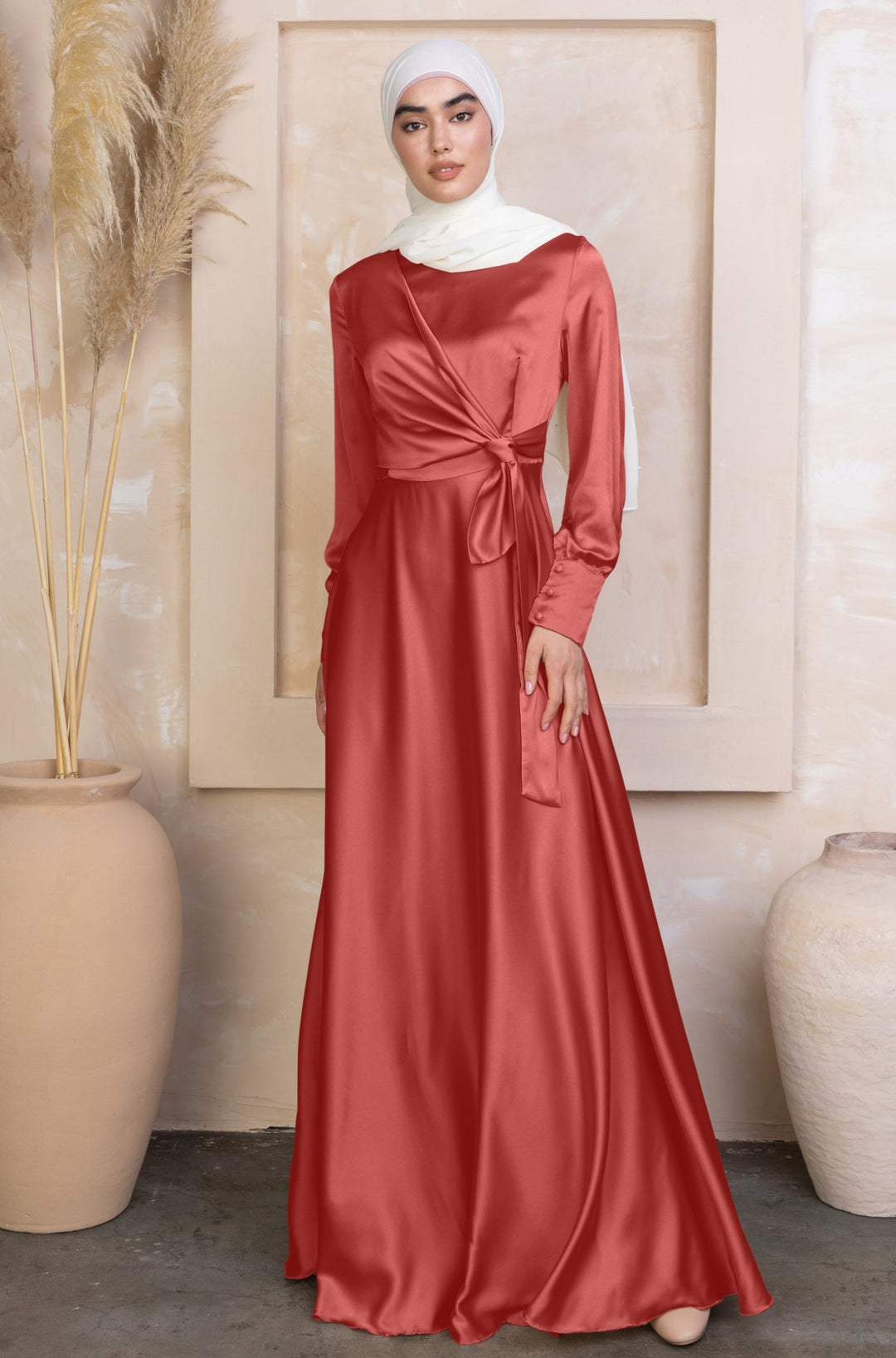 Urban Modesty - Coral Diana Side Knot Satin Gown