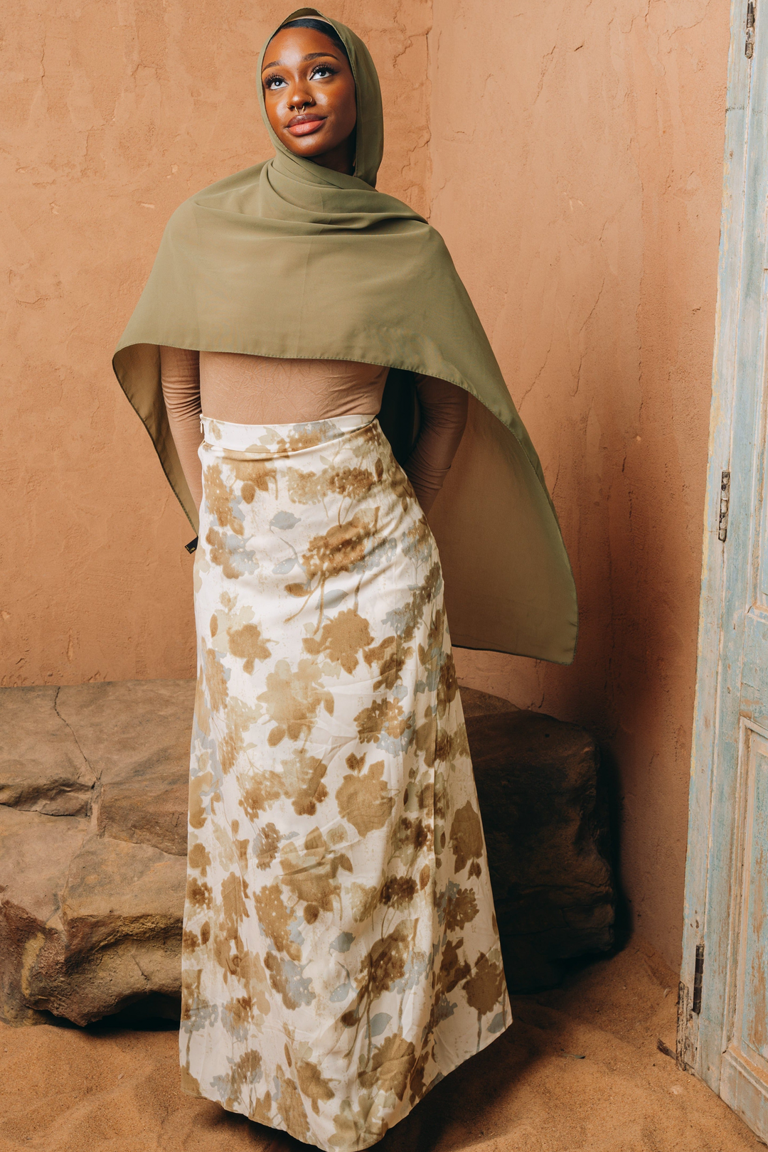 Urban Modesty - Cream and Olive Maxi Skirt-CLEARANCE