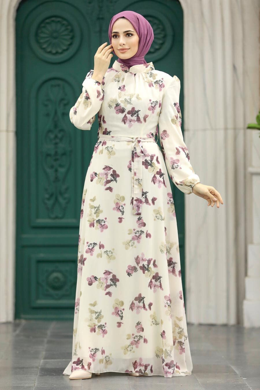 Urban Modesty - Cream and Violet Floral Chiffon Long Sleeve Maxi Dress
