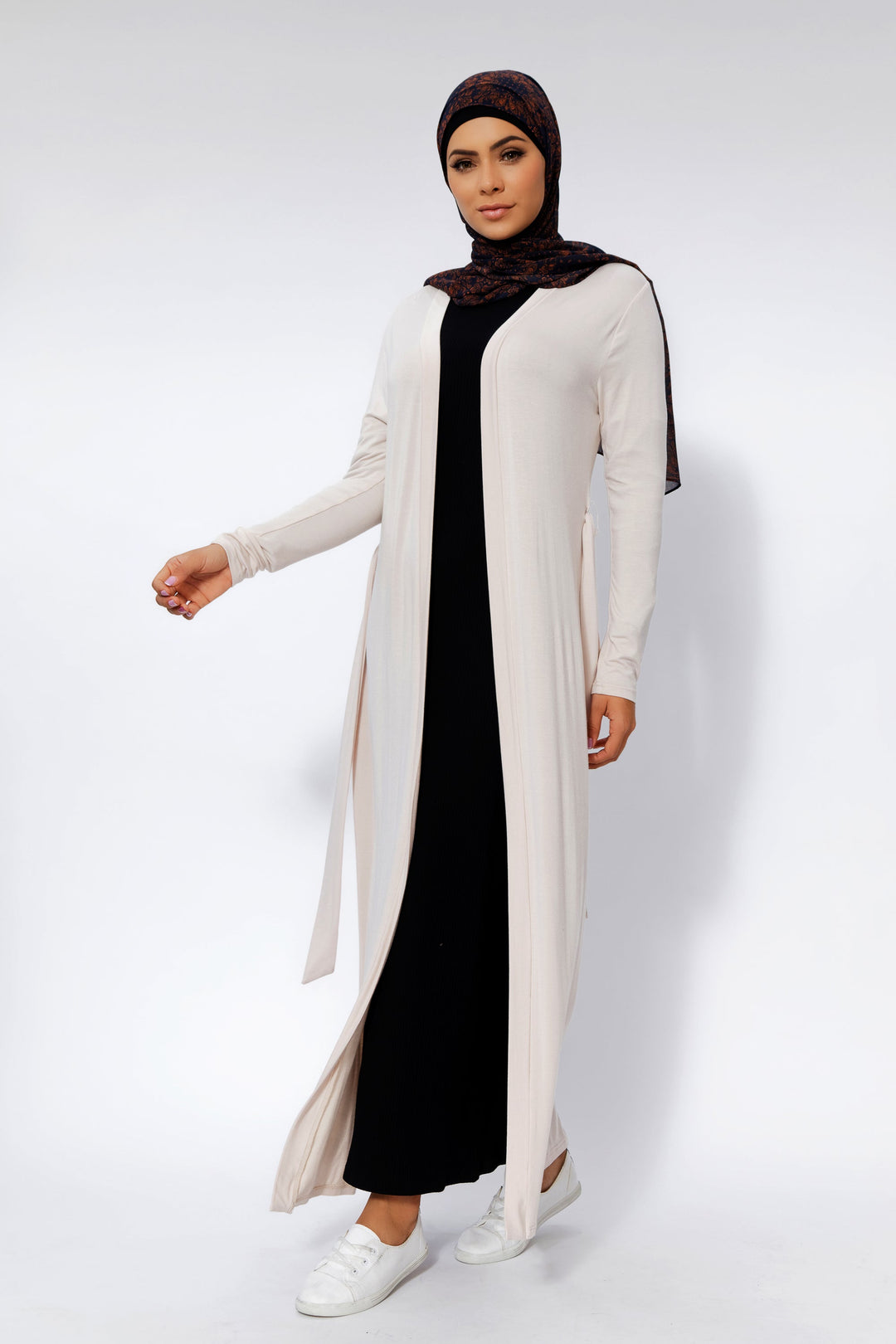 Urban Modesty - Cream Belted Cotton Non-Sheer Maxi Cardigan
