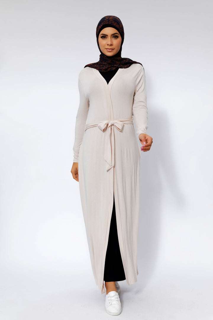 Urban Modesty - Cream Belted Cotton Non-Sheer Maxi Cardigan