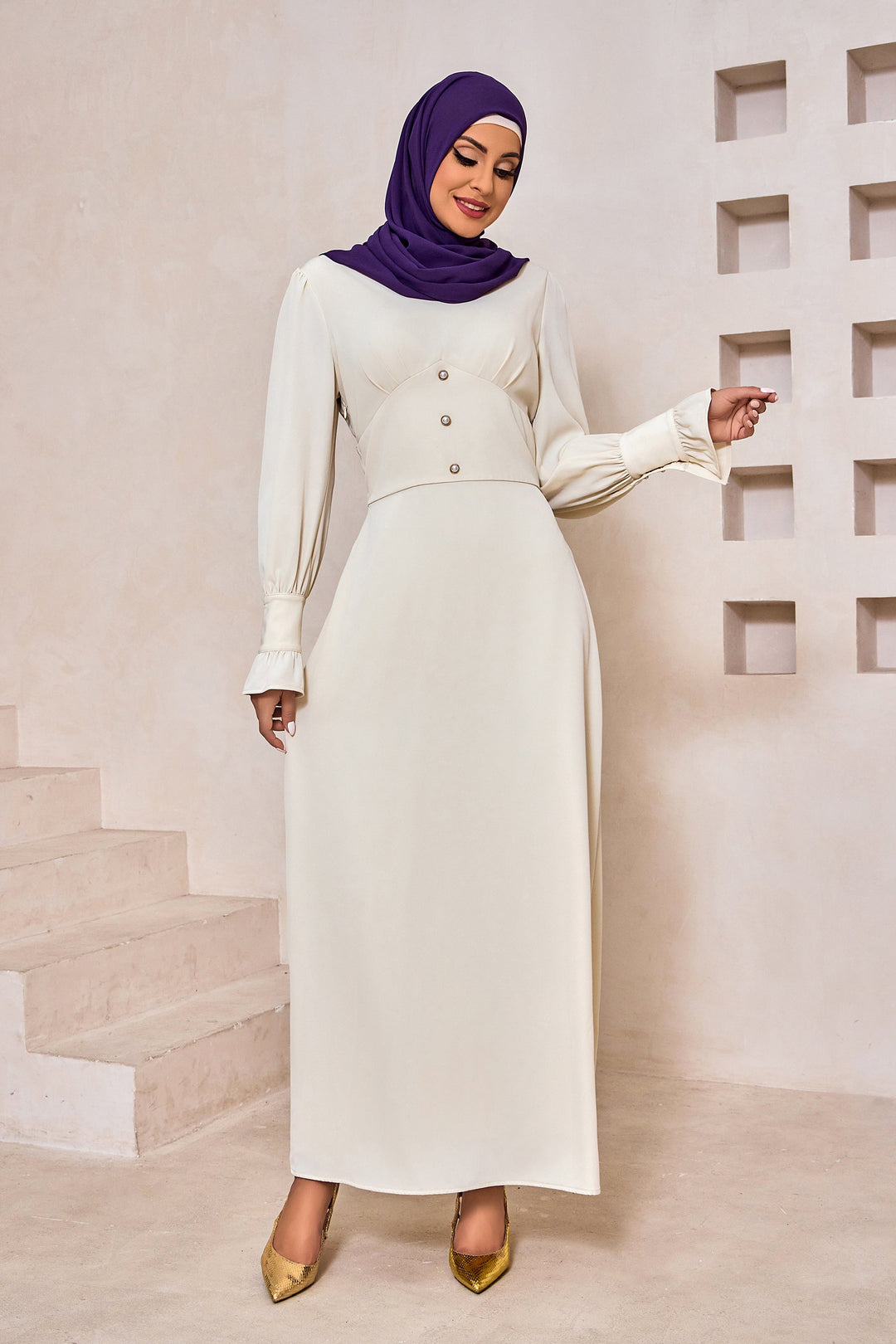 Urban Modesty - Cream Button Down V-Neck Bell Sleeve Maxi Dress