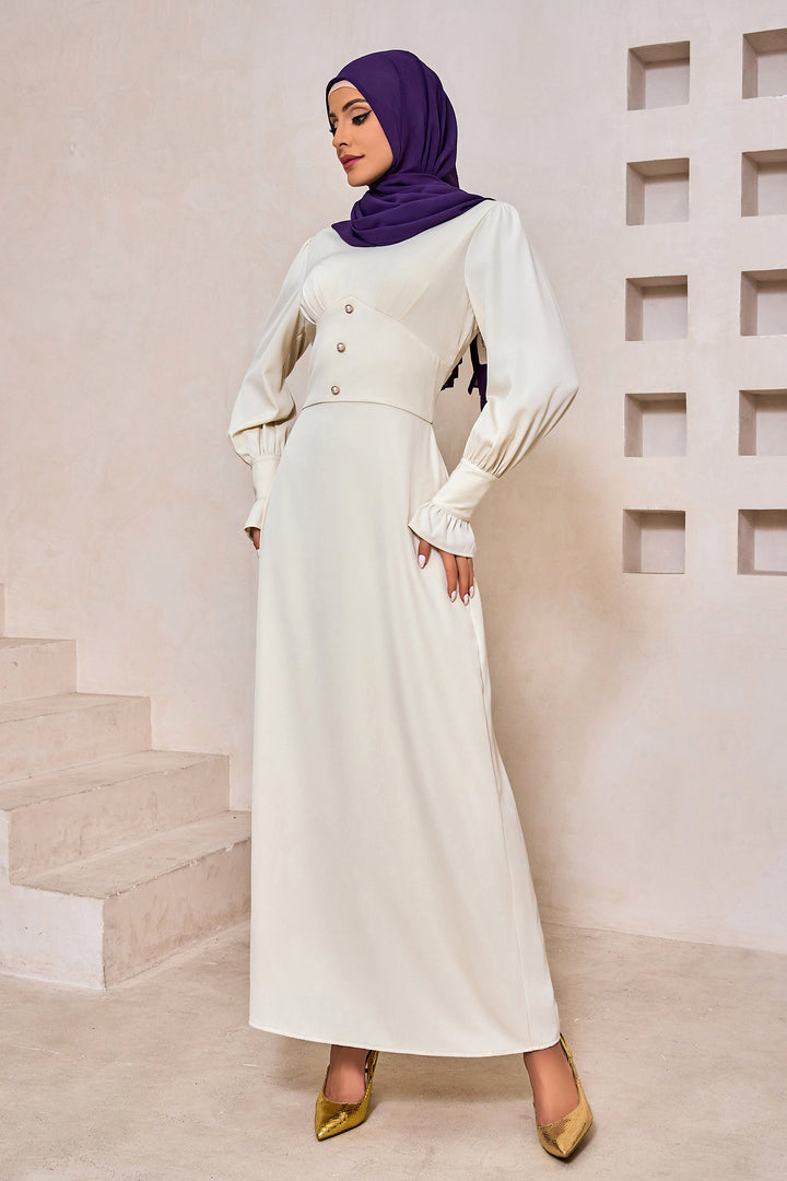 Urban Modesty - Cream Button Down V-Neck Bell Sleeve Maxi Dress