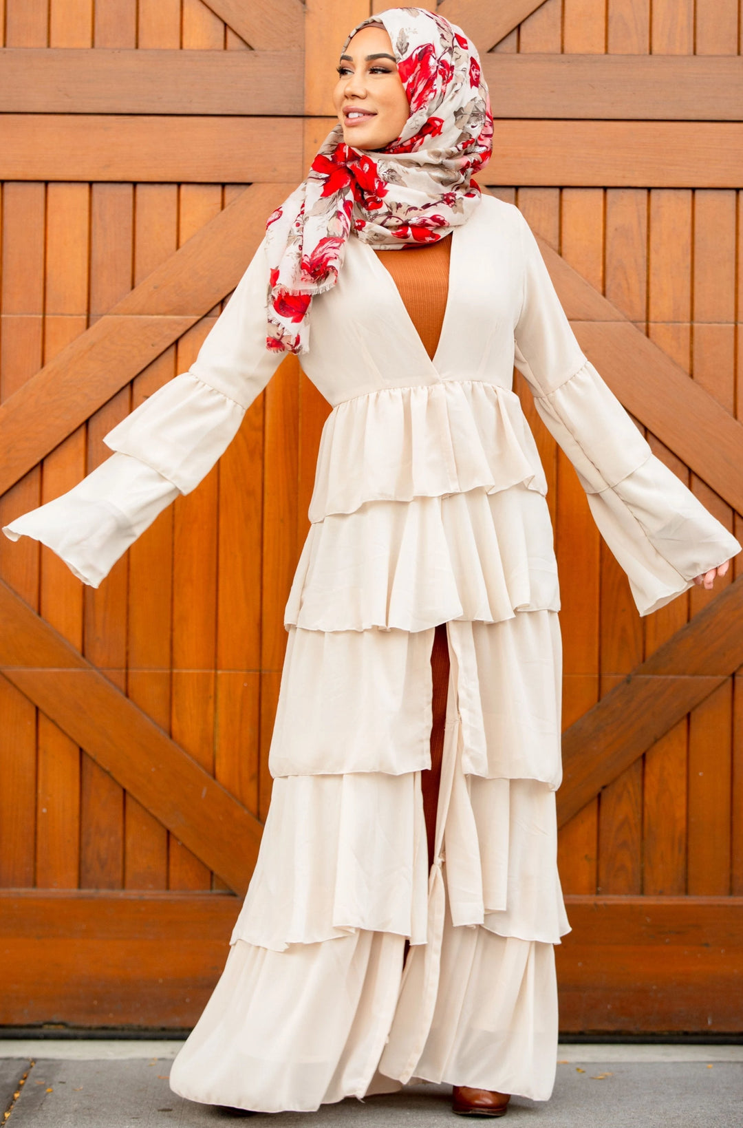 Cream Cascading Ruffles Open Front Abaya-CLEARANCE