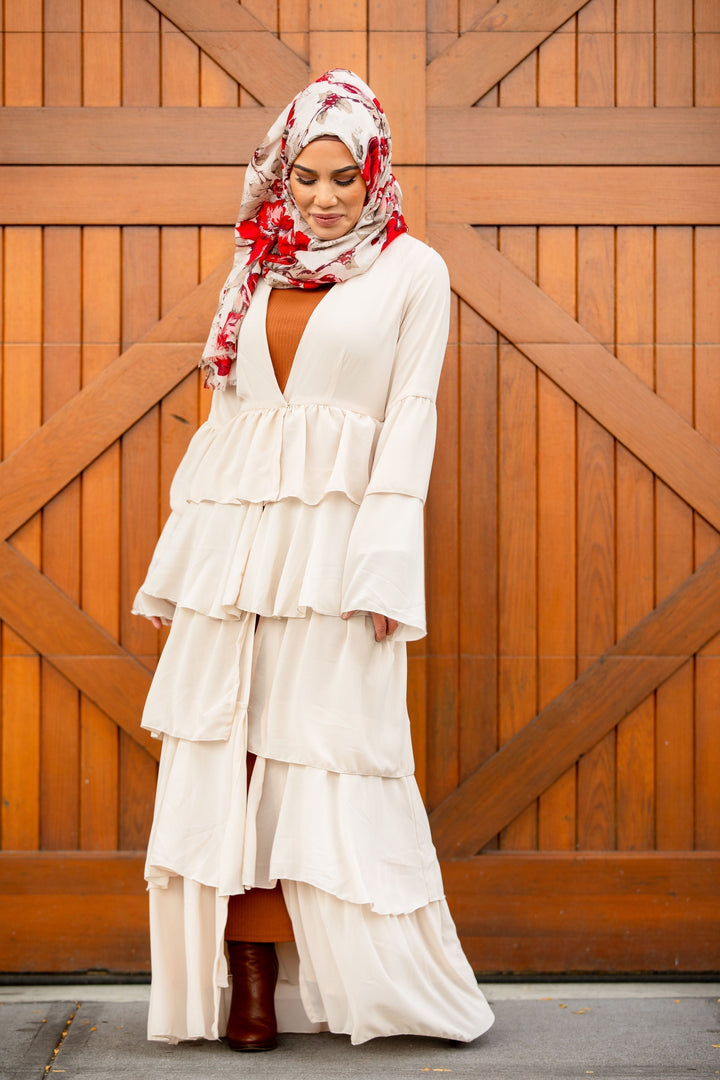 Cream Cascading Ruffles Open Front Abaya-CLEARANCE