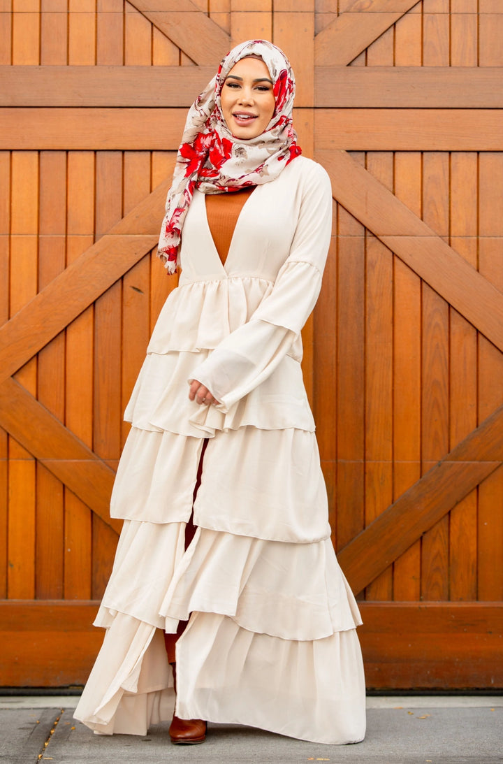 Cream Cascading Ruffles Open Front Abaya-CLEARANCE