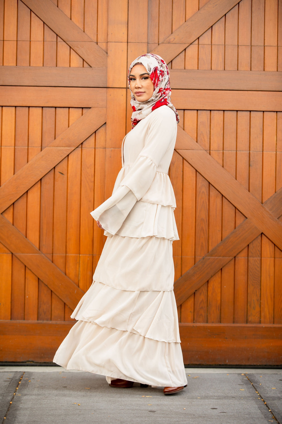 Cream Cascading Ruffles Open Front Abaya-CLEARANCE