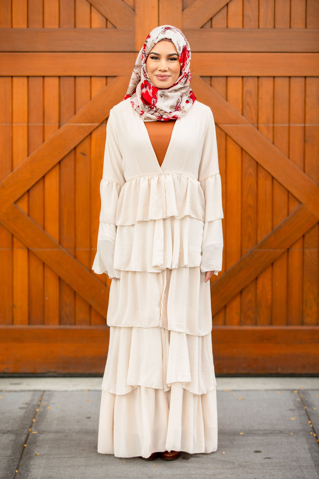 Cream Cascading Ruffles Open Front Abaya-CLEARANCE