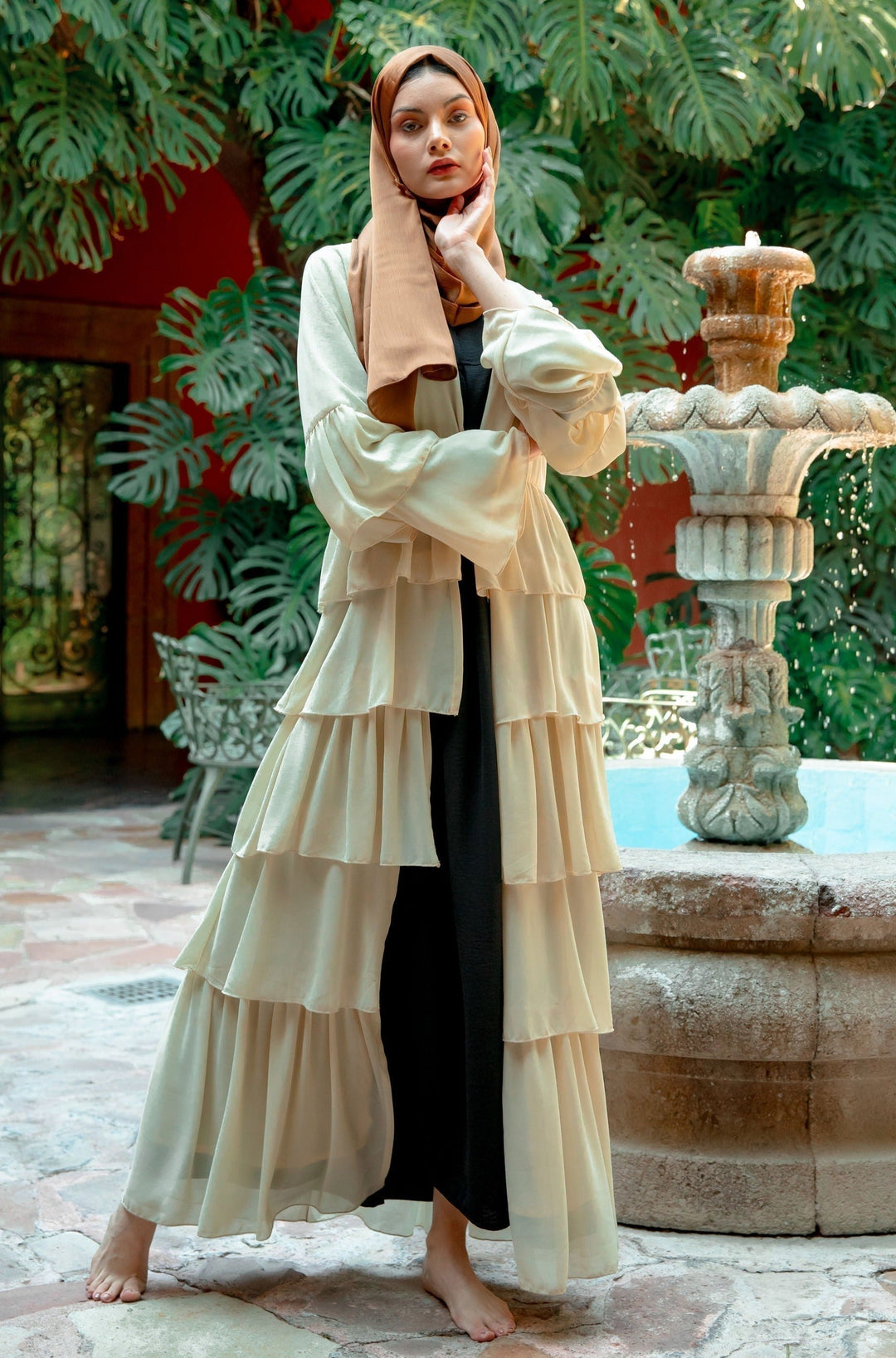 Cream Cascading Ruffles Open Front Abaya-CLEARANCE