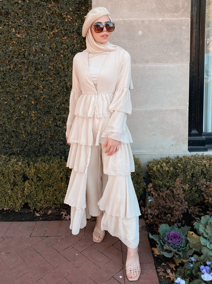 Cream Cascading Ruffles Open Front Abaya-CLEARANCE