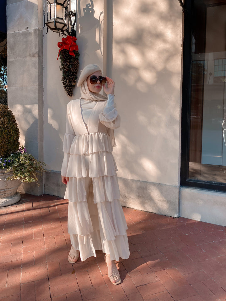 Cream Cascading Ruffles Open Front Abaya-CLEARANCE