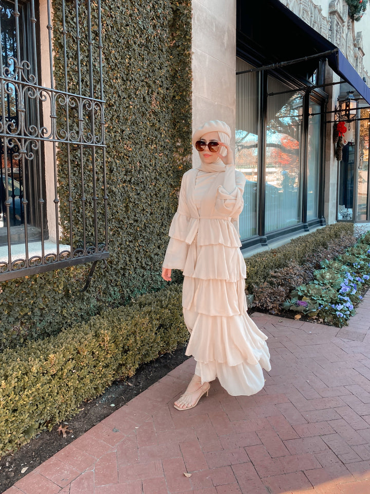 Cream Cascading Ruffles Open Front Abaya-CLEARANCE