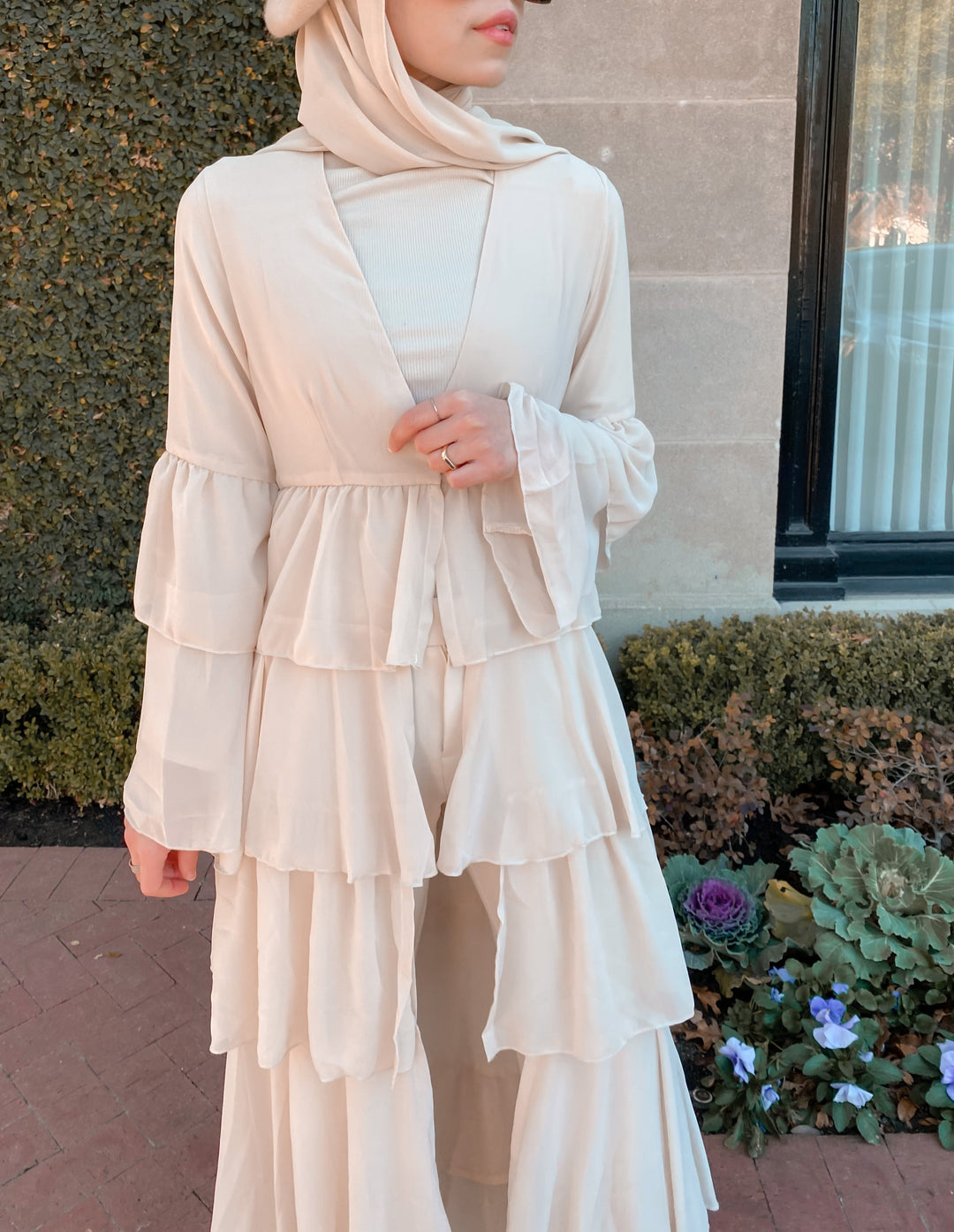 Cream Cascading Ruffles Open Front Abaya-CLEARANCE