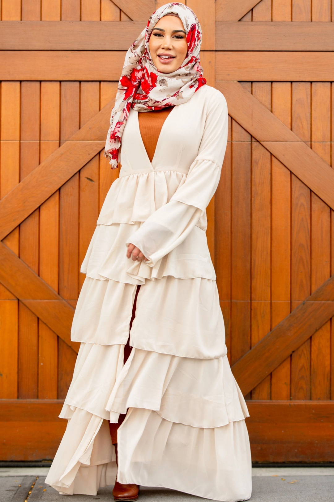 Cream Cascading Ruffles Open Front Abaya-CLEARANCE