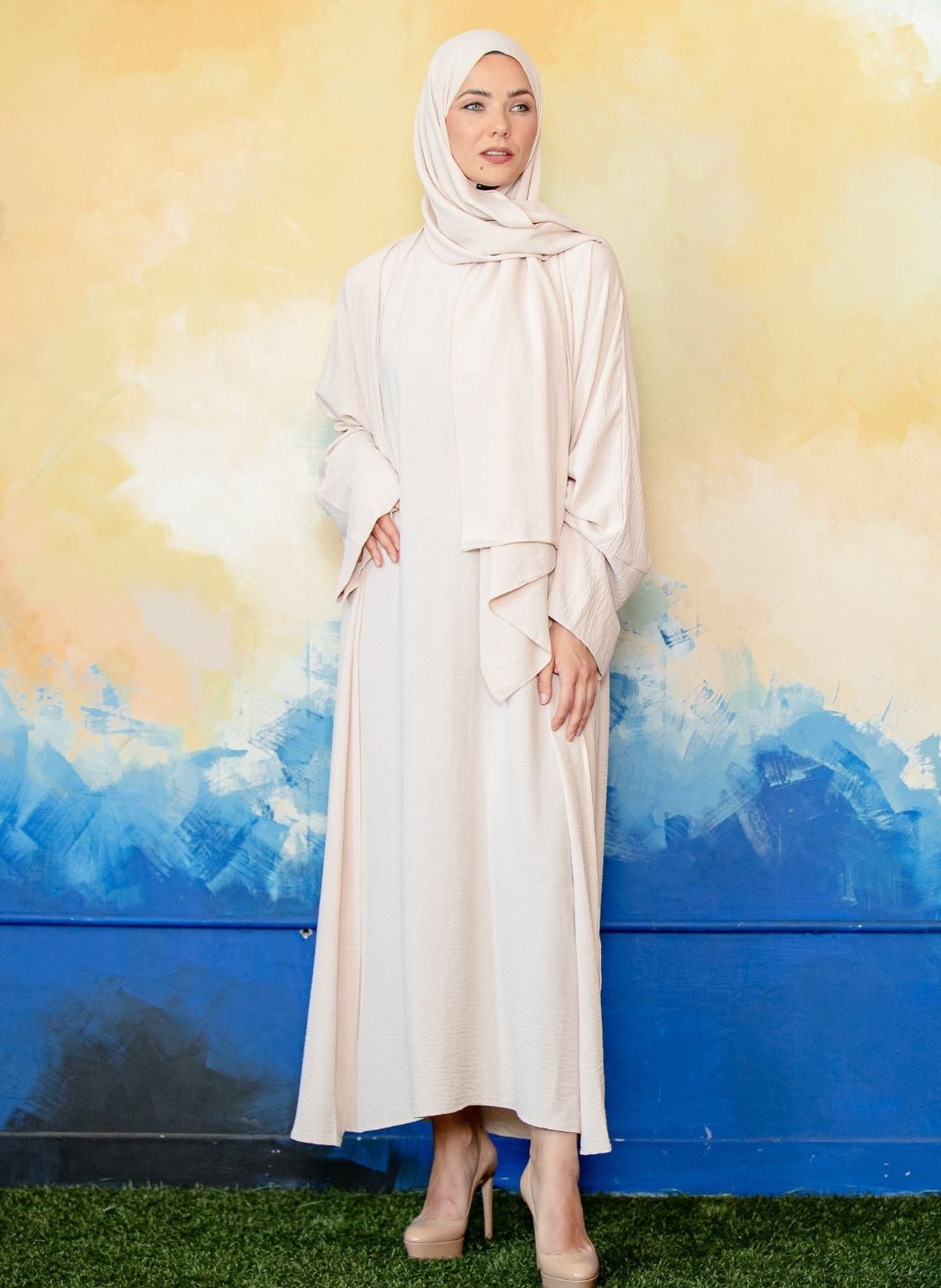 Urban Modesty - Cream Four Piece Open Abaya Set