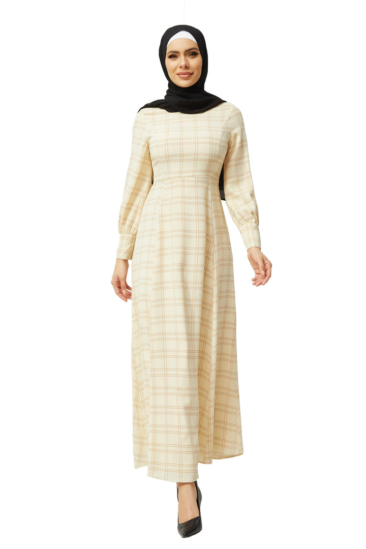 Cream Grid Print Long Sleeve Maxi Dress-CLEARANCE