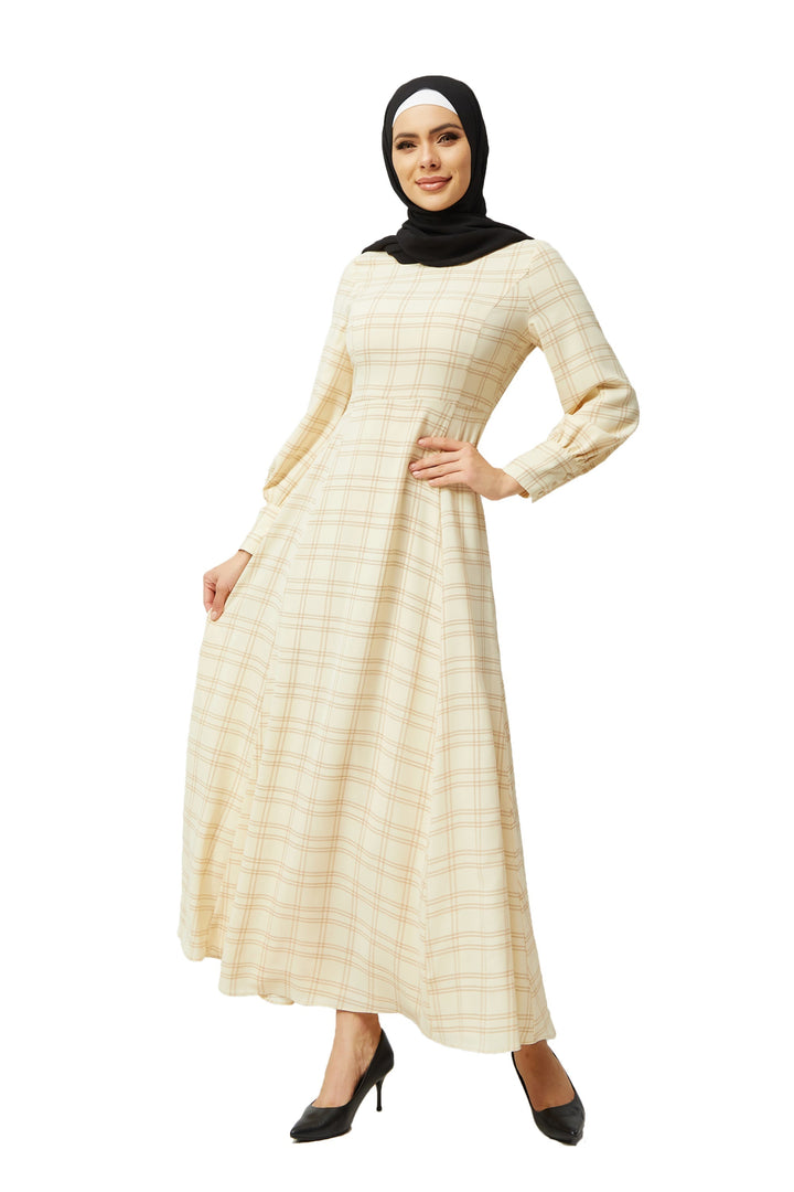 Cream Grid Print Long Sleeve Maxi Dress-CLEARANCE