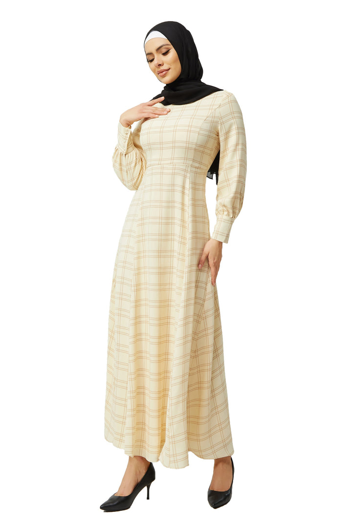 Cream Grid Print Long Sleeve Maxi Dress-CLEARANCE