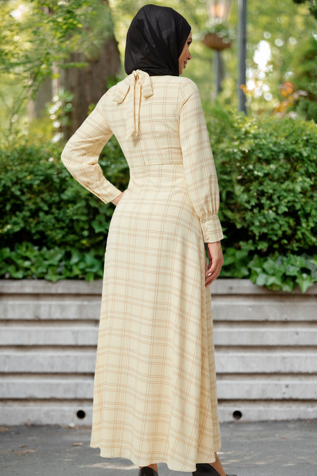 Cream Grid Print Long Sleeve Maxi Dress-CLEARANCE