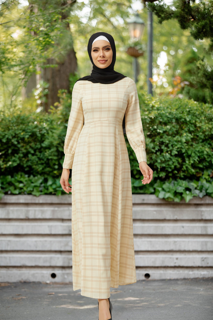 Cream Grid Print Long Sleeve Maxi Dress-CLEARANCE