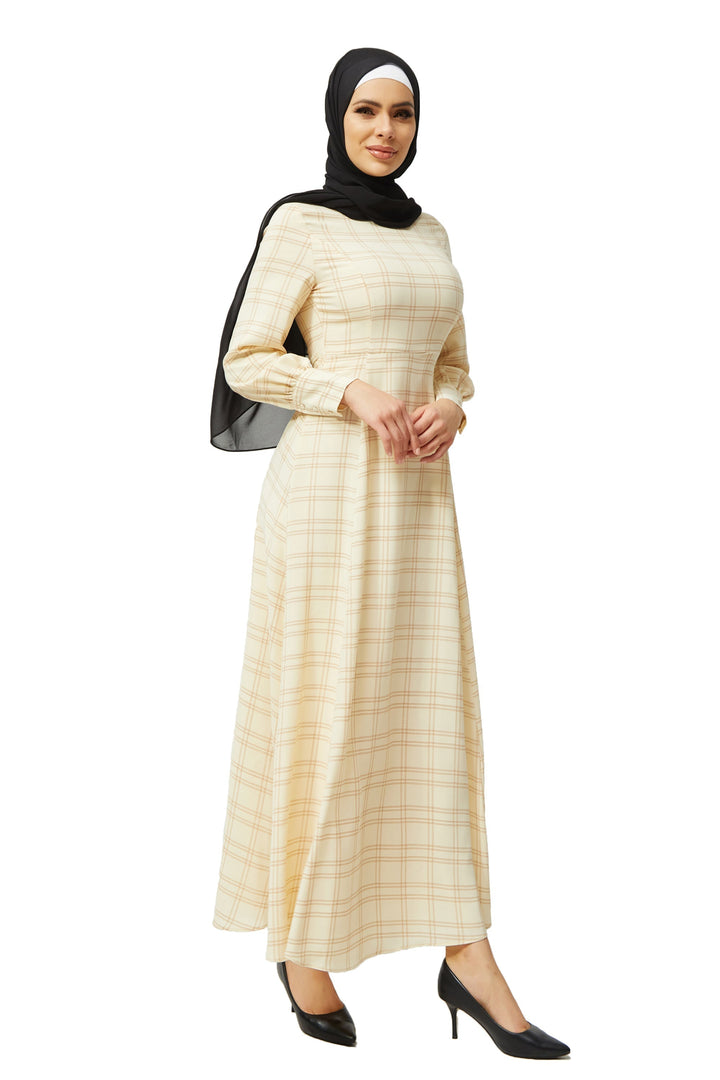 Urban Modesty - Cream Grid Print Long Sleeve Maxi Dress-CLEARANCE